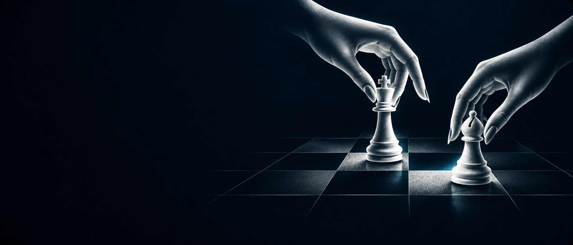 Two hands moving chess pieces on a dark board
